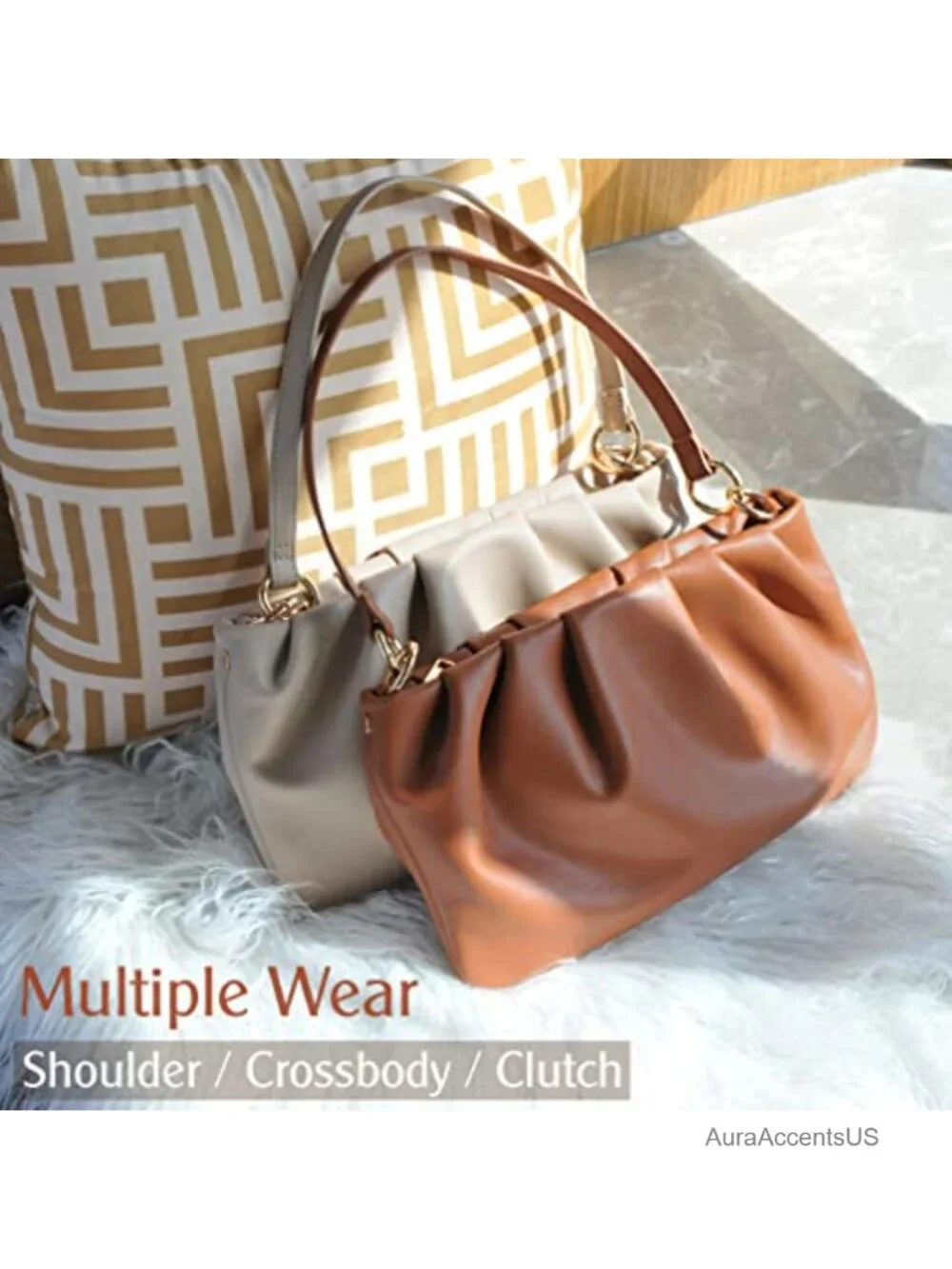 Vegan Leather Ruched Shoulder Hobo Bag Convertible Crossbody Clutch Pouch